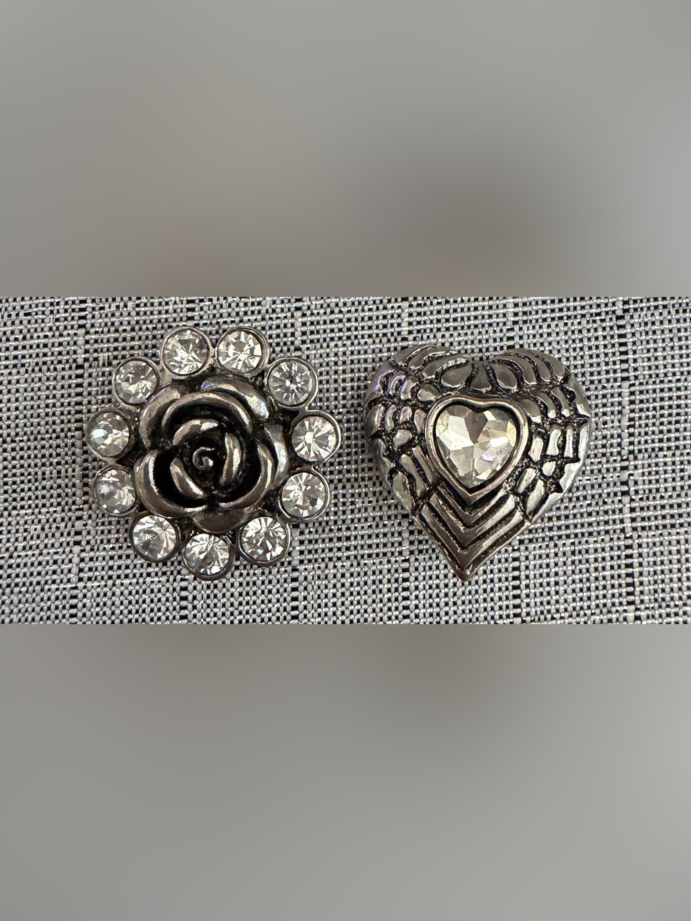 Interchangeable snap jewelry Rhinestone Flower & Heart Silver Tone